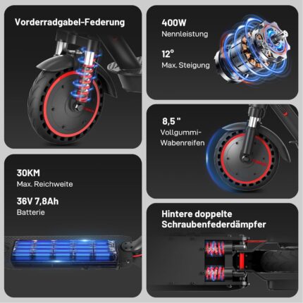 EVERCROSS EV85F/EV10K PRO E-Scooter mit Straßenzulassung (ABE), Faltbarer Elektroroller für Erwachsene mit APP - 400W Motor, 7,8/10,4 AH Batterie, Duales Brems, Zwei Stoßdämpfer