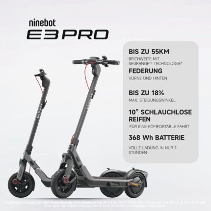 Segway-Ninebot E3 Pro D, E-Scooter Deutscher Straßenzulassung, 55 km Eco Modus Reichweite, 47km Sport Modus Reichweite, Federung vorne & hinten, 800 W Motor, faltbar, 17,9 kg, 10-Zoll Reifen, IPX5
